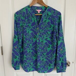 Women’s Lilly Pullitzer Loopy Elephants Delray Silk Tunic Blouse Top Size S